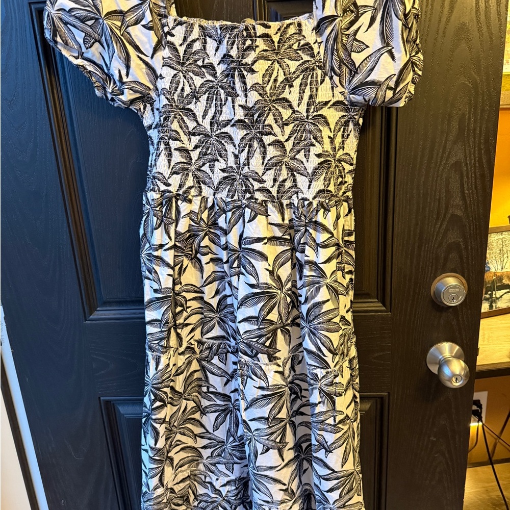 Smocked Off-Shoulder Maxi Dress in Black and White Palm Print